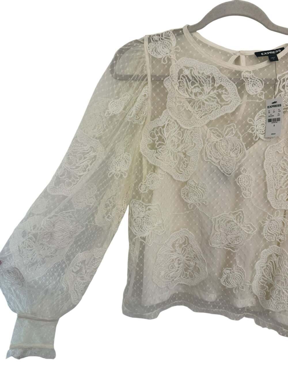 NWT Express Embroidered Floral Lace with Swiss Dot Sleeves and Cami Insert - Picture 6 of 9